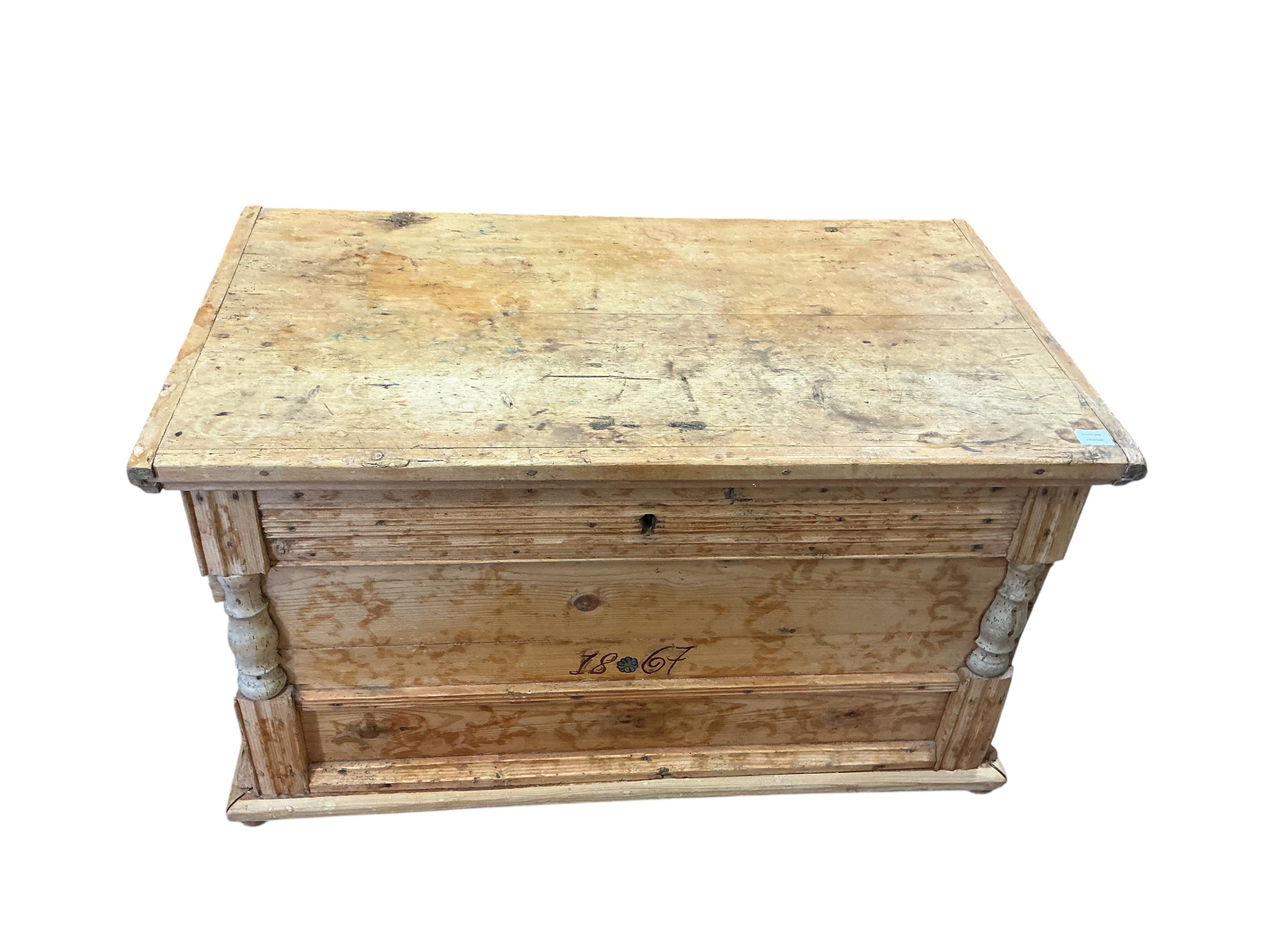 A 19th century Continental pine trunk, width 113cm, depth 64cm, height 65cm